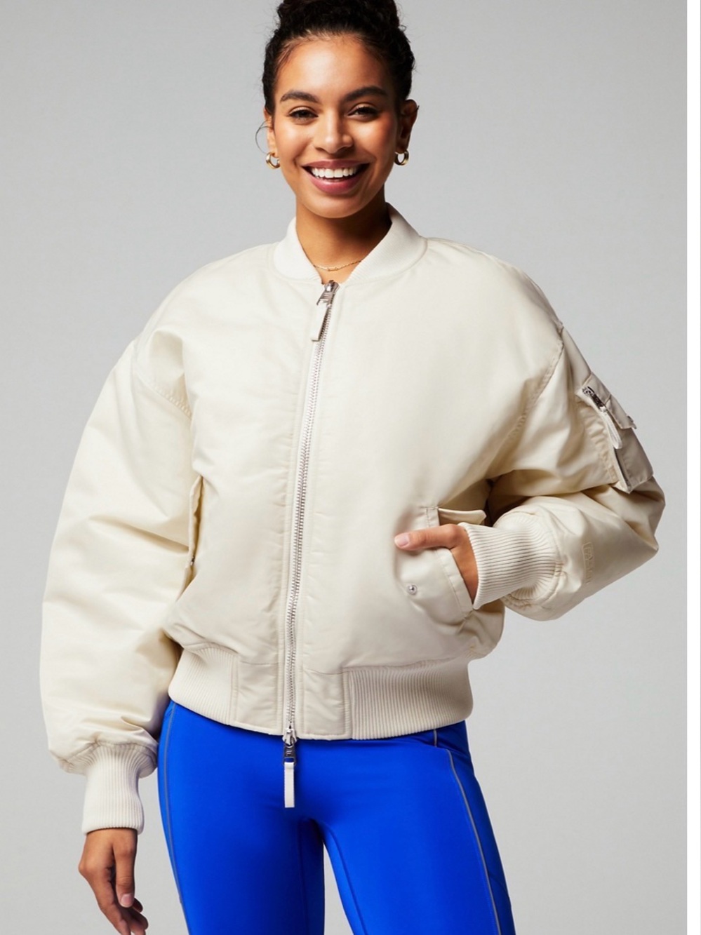 Fabletics Women's Cream Bomber Jacket - Lightweight Flight Style